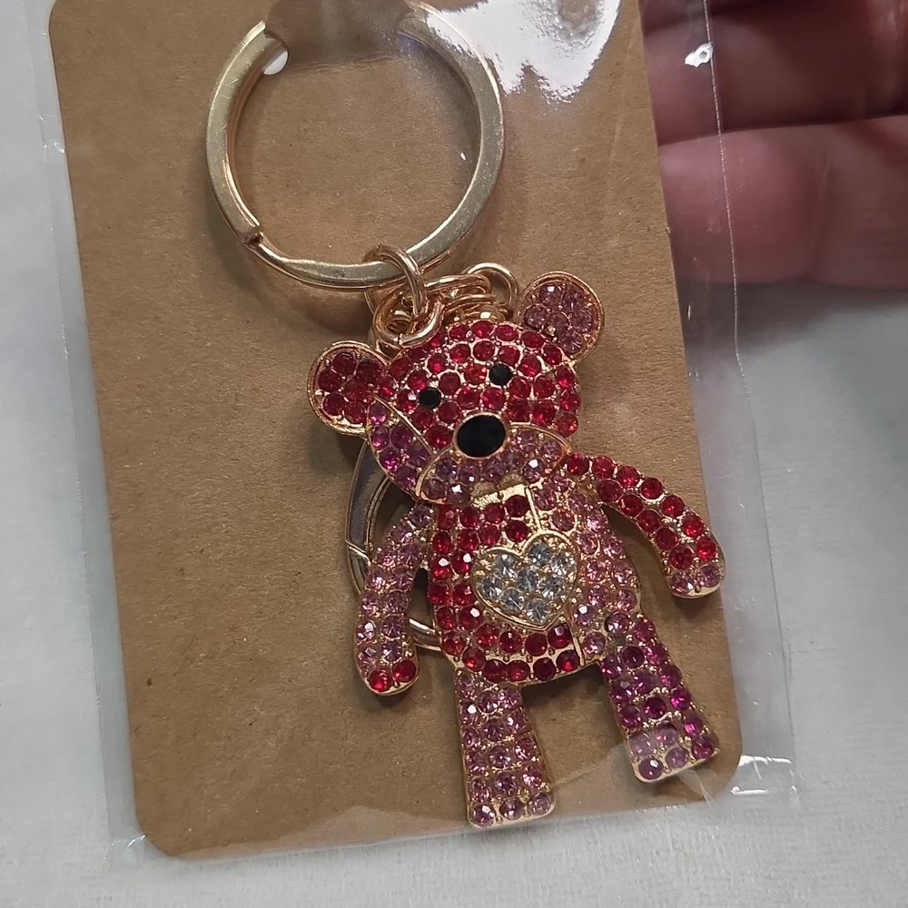 Red Pink Teddy Bear Keychain Bag Charm Purse Charm Rhinestones Crystals New